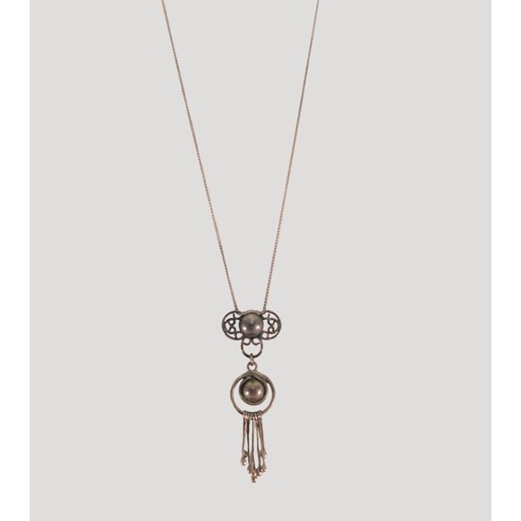 Vintage Silver Pendant Necklace Art Nouveau Design Dangling Beads 13 Inch Chain - Picture 6 of 10